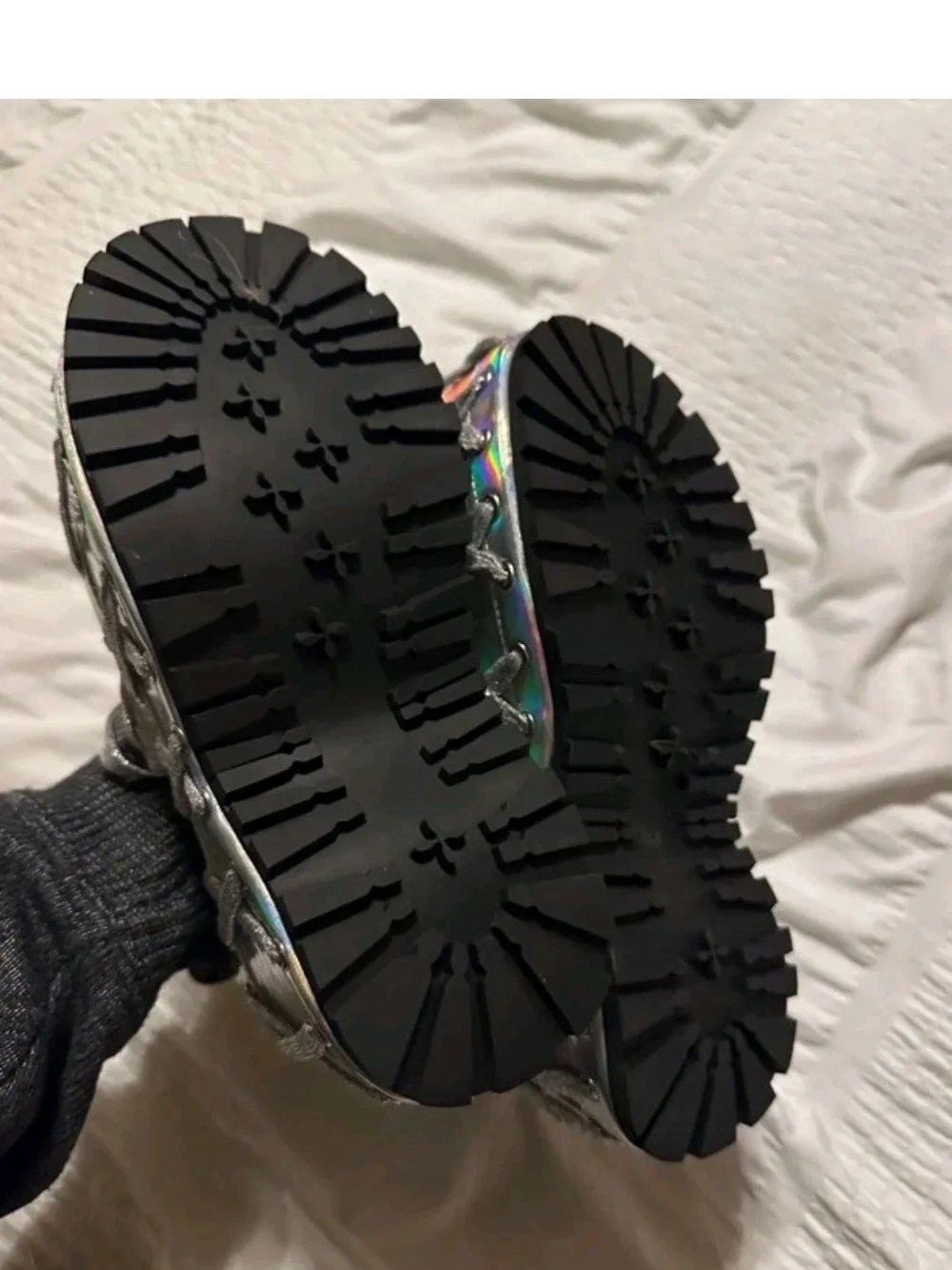 Dolls Kill Holographic Silver Lace-Up Platform Sandals